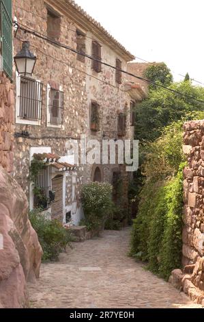 image de la rue d'un petit village avec des façades de pierre typiques et une variété de plantes Banque D'Images