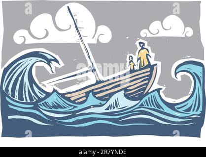 Bateau avec femme et enfant s'enfoncer dans les vagues Illustration de Vecteur