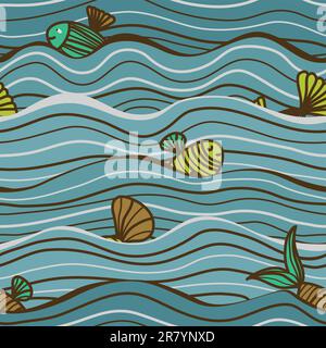 Motif marin coloré sans couture avec poissons et vagues Illustration de Vecteur