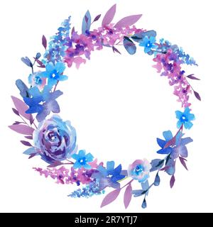 Une couronne de fleurs violettes et bordeaux. Illustration aquarelle. Roses, lupins, lavande, cosmétique, fleur de maïs. Beauté et santé Banque D'Images