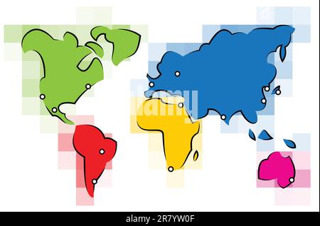 Carte colorée simplifiée du monde stylisé composée de lignes et de carrés Illustration de Vecteur