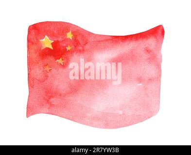 Illustration aquarelle. Drapeau chinois isolé sur fond blanc. Drapeau rouge, blanc, rouge. Symbole d'état Banque D'Images