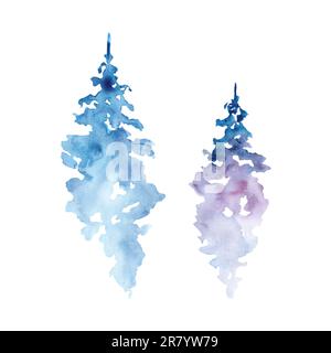 Taches abstraites d'aquarelle de forêt. Arbres et pins de Noël bleus et lilas Banque D'Images