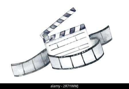 Film avec clapperboard et film sur fond blanc. Illustration à l'aquarelle dessinée à la main pour les billets, les affiches et les festivals de films Banque D'Images