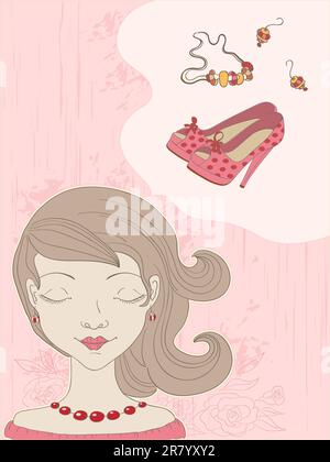 Fond rose vector hand drawn with girl Illustration de Vecteur