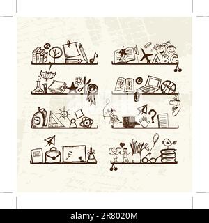 Objets pour l'école sur des étagères, dessin d'esquisse pour votre conception Illustration de Vecteur