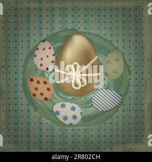 carte de vœux de pâques vector avec œufs dorés et rétro colorés dans le nid Illustration de Vecteur