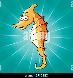Funny cartoon seahorse sur fond bleu Illustration de Vecteur