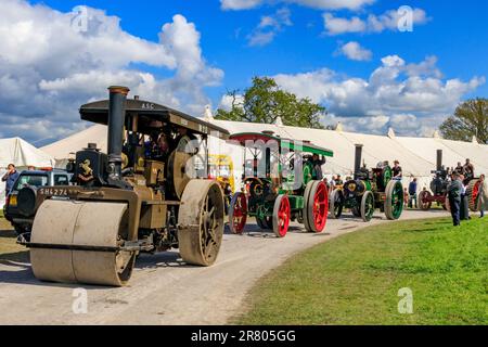 Le moteur de traction « Clyde » de l'ex-WD 1914 Aveling & porter mène une parade au rassemblement à vapeur d'Abbey Hill, Yeovil, Somerset, Angleterre, Royaume-Uni Banque D'Images