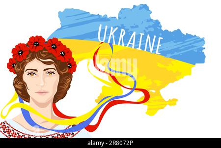 Femme ukrainienne dans une couronne de coquelicots avec des rubans sur le fond d'un drapeau bleu-jaune et le pays de l'Ukraine. Carte postale patriotique Illustration de Vecteur