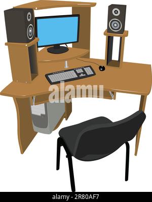 Un lieu de travail et de loisirs. Table en bois avec étagères pour DVD sur laquelle il y a un ordinateur et des haut-parleurs sur un fond blanc. (Fabriqué à Abo... Illustration de Vecteur