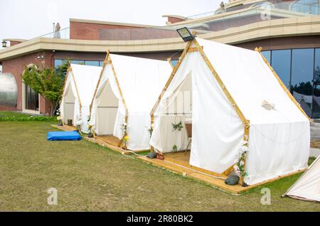 Diverses tentes de champ sur pelouse verte dans la zone de camping au parc Banque D'Images