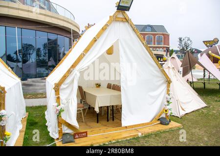 Diverses tentes de champ sur pelouse verte dans la zone de camping au parc Banque D'Images