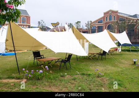 Diverses tentes de champ sur pelouse verte dans la zone de camping au parc Banque D'Images