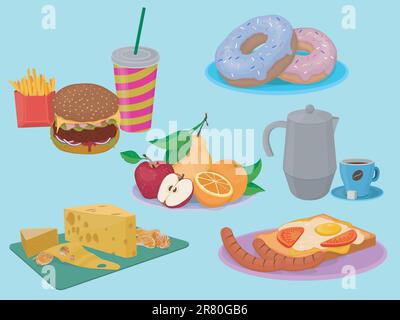 ensemble d'images en couleur de fromage, hamburger, beignets, café, fruits, oeuf frit et saucisses avec du pain grillé Illustration de Vecteur