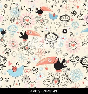 motif graphique sans couture de fleurs et de petits oiseaux amusants sur fond jaune Illustration de Vecteur