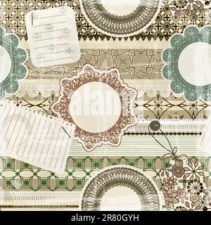 motif vectoriel sans couture avec des éléments de scrapbook : serviettes de table en dentelle, feuilles de papier, rubans, étiquettes, vieux papier texture Illustration de Vecteur