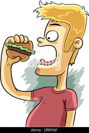 illustration d'un homme affamé mangeant un hamburger Illustration de Vecteur