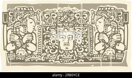 Image de Triptych maya de style bloc de bois avec des prêtres. Illustration de Vecteur