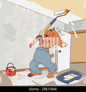 Caricature amusante le chien peint un plafond. Illustration de Vecteur