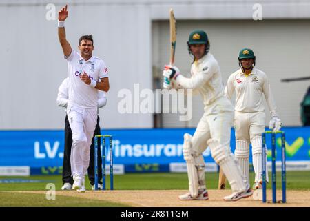 Birmingham, Angleterre. 18th juin 2023. James Anderson, en Angleterre, lance un appel sans succès contre Alex Carey, en Australie, lors du premier test des cendres à Edgbaston. Le crédit photo devrait se lire: Ben Whitley/Alamy Live News. Banque D'Images