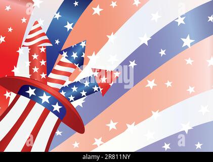 Quatrième de juillet Fireworks dans Stars and Stripes Hat with US Flag Background Illustration Illustration de Vecteur