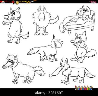 Dessin animé noir et blanc illustration de loups animaux personnages ensemble de coloriage page Illustration de Vecteur