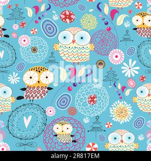 Motif fleuri sans couture avec hiboux sur fond bleu vif Illustration de Vecteur