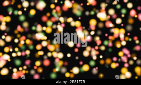 Bokeh de lumière festive sur fond noir. Rose, vert, confettis jaunes, lumières défosées. Bokeh multicolore sur fond noir. Flou Banque D'Images
