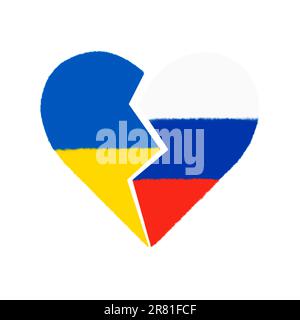 Un coeur est tiré des drapeaux de l'Ukraine et de la Russie, le coeur est brisé en deux Banque D'Images