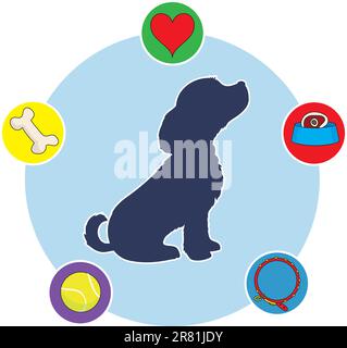 La silhouette d'un chiot de profil sur un fond circulaire, avec des icônes de chiot pensées parsemées autour du cercle. Illustration de Vecteur