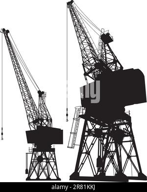 Silhouette d'une grue de cargaison de chantier naval, deux angles différents. Illustration de Vecteur