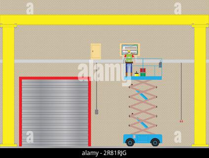 Un électricien sur une plate-forme élévatrice à ciseaux dans une usine de câblage de l'inspection Illustration de Vecteur