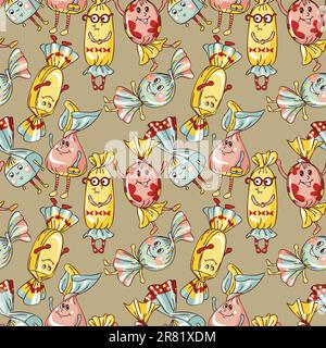 Motif sans couture - bonbons de dessin animé dans des emballages multicolores Illustration de Vecteur