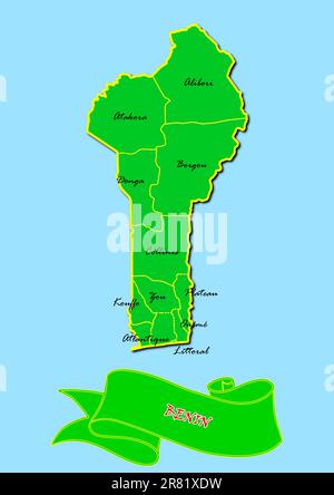 Carte du Bénin avec sous-régions en vert nom de pays en rouge Banque D'Images