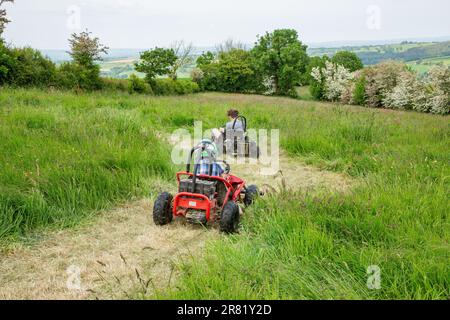 Course de kart électrique autour d'un champ, High Bickington, North Devon, Angleterre, Royaume-Uni. Banque D'Images