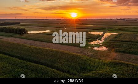 Coucher de soleil coloré au-dessus de la forêt et des champs aériens avec le soleil et les stations éoliennes lointaines, Podlaskie Voivodeship, Pologne, Europe Banque D'Images