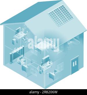 Réseau local avec des appareils comme des téléphones, des consoles de jeux, un ordinateur de bureau, un ordinateur portable et une télévision connectés en réseau, avec ou sans fil. Illustration de Vecteur