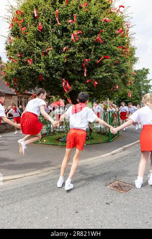 17 juin 2023 – Appleton Thorn, nr Warrington, Cheshire, Angleterre. Bawming (décorer l'arbre avec des fleurs et des rubans) l'épine est une cérémonie annuelle qui a lieu dans le village d'Appleton Thorn à Cheshire, en Angleterre. Appleton Thorn village est le seul village d'Angleterre où la cérémonie de mise en forme du Thorn a lieu le troisième samedi de juin de chaque année. Les enfants de l'année 6 de l'école primaire d'Appleton Thorn dansaient autour de l'arbre déchiré tout en chantant le chant de Bawming. Banque D'Images