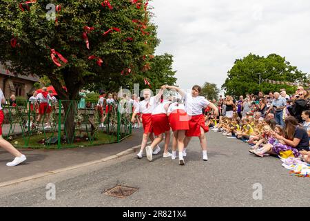 17 juin 2023 – Appleton Thorn, nr Warrington, Cheshire, Angleterre. Bawming (décorer l'arbre avec des fleurs et des rubans) l'épine est une cérémonie annuelle qui a lieu dans le village d'Appleton Thorn à Cheshire, en Angleterre. Appleton Thorn village est le seul village d'Angleterre où la cérémonie de mise en forme du Thorn a lieu le troisième samedi de juin de chaque année. Les enfants de l'année 6 de l'école primaire d'Appleton Thorn dansaient autour de l'arbre déchiré tout en chantant le chant de Bawming. Banque D'Images