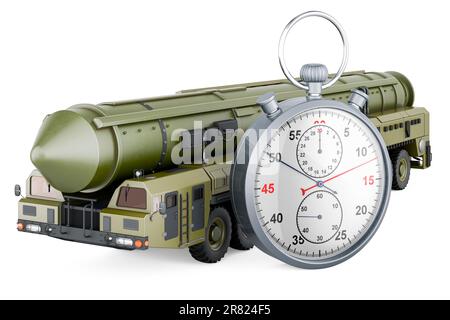 Missile Scud, système mobile de missiles balistiques de courte portée avec chronomètre, rendu 3D isolé sur fond blanc Banque D'Images