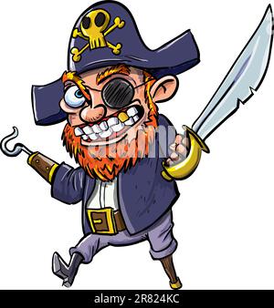 Pirate de dessin animé avec un crochet et un cutlass. Isolé sur blanc Illustration de Vecteur