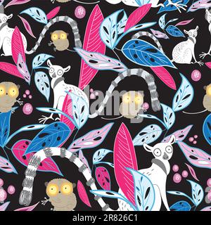 motif fleuri sans couture de feuilles et de lémuriens sur fond noir Illustration de Vecteur
