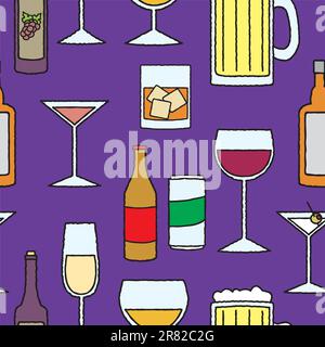 Un modèle sans couture de diverses boissons, verres, canettes et bouteilles liées à l'alcool. Illustration de Vecteur