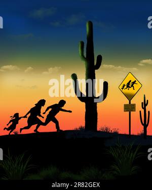 Une mère, un père et une fille courent dans le désert la nuit. C'est la même famille qui apparaît sur les panneaux de passage d'ailen près de la frontière USA-Mexique. THI Banque D'Images