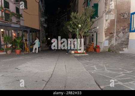 Riomaggiore Italie - 24 avril 2011; les gens dans la rue la nuit dans les centres urbains profitant de la vie nocturne et des restaurants. Banque D'Images