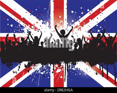 Silhouette d'une foule sur un Union Jack Flag Grunge background Illustration de Vecteur