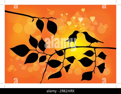 L'amour des oiseaux sur un arbre avec un coucher de soleil en arrière-plan - Vector Illustration (transparence, Superposition de couleurs, effets Dodge) EPS 10 version Illustration de Vecteur