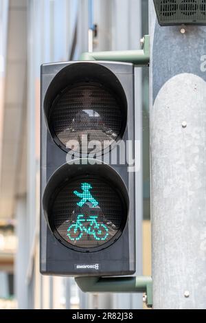 Feu de circulation allemand pour piétons traversant avec symboles piéton et vélo Banque D'Images