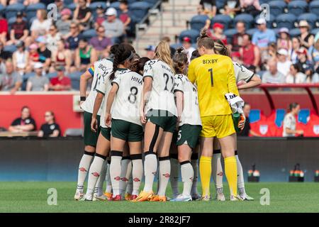 Bridgeview, États-Unis. 18th juin 2023. Chicago, États-Unis, 18 juin 2023: Portland Thorns à partir de 11 caucus avant le match de football de la NWSL entre les Red Stars de Chicago et le Portland Thorns FC sur Sunday 18 juin au stade de Seat Geek, Bridgeview, États-Unis. (AUCUNE UTILISATION COMMERCIALE). (Shaina Benhiyoun/SPP) crédit: SPP Sport presse photo. /Alamy Live News Banque D'Images